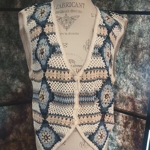 Crochet Patterned Vest - Blue and Cream